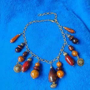 Stained Wood Beaded Ethnic Carved Dangle Charm Earth Toned Necklace